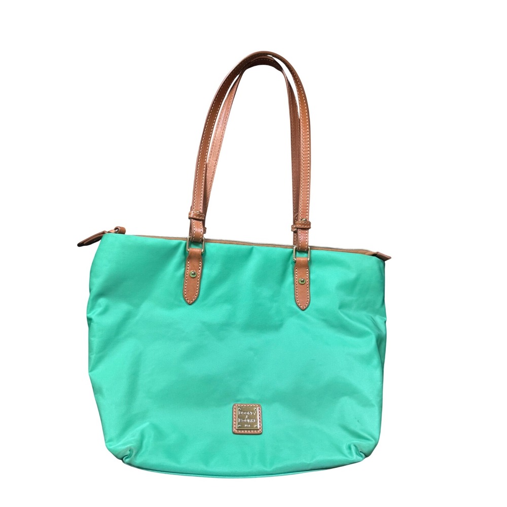 Dooney & Bourke Green Large Tote Bag Brown Leather Trim Red Interior